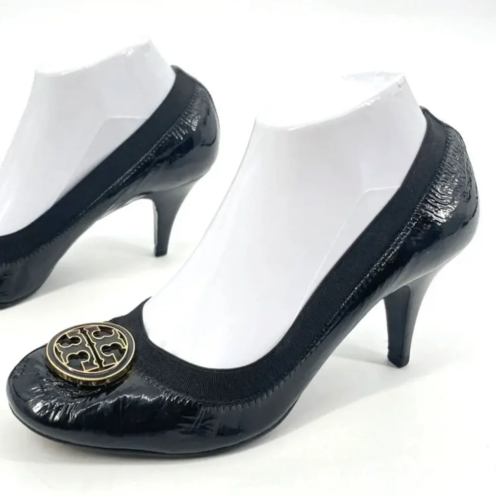 Tory Burch Black Patent Leather Caroline Reva Scrunch Pumps Size 9